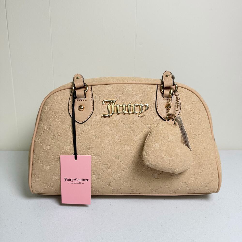 Juicy Couture Beige Logo Satchel Handbag Heart Charm & Pouch